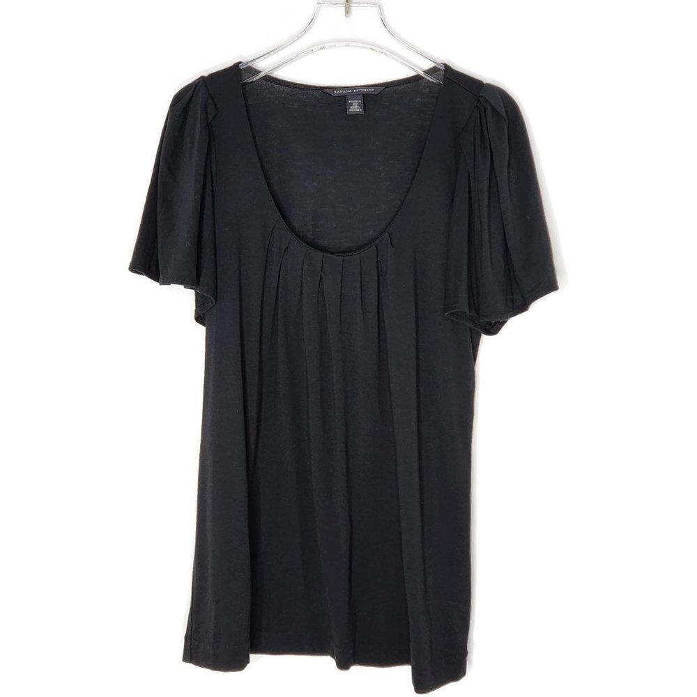 Banana Republic Flutter Sleeve Top XS Black Stretch Knit Scoop Neck Spring